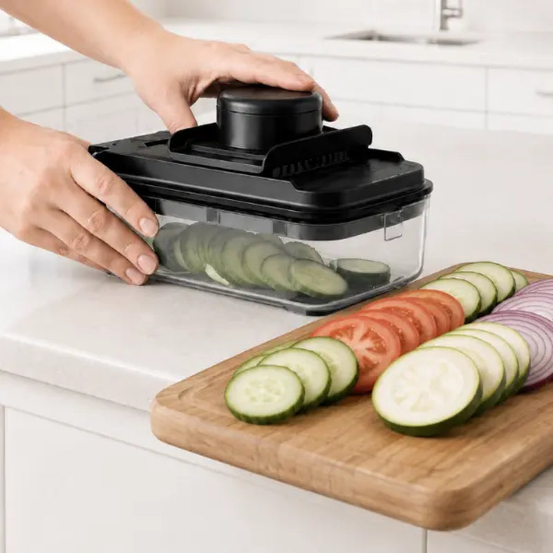 Vegetable Chopper & Slicer with Container – Manual Food Chopper for Onion, Potato & Vegetables