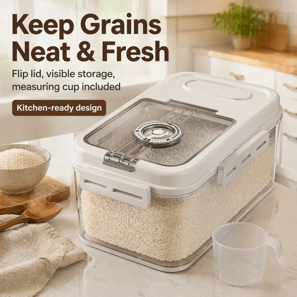 5L Plastic Airtight Rice & Food Storage Container with Transparent Cover - 1-Hand Open/Close Magnetic Flip Lid, Built-In Storage Date Timer, Leakproof Design, Insect-Proof, Moisture-Proof, Measuring Scoop for Kitchen Pantry Single Household,Sohochic