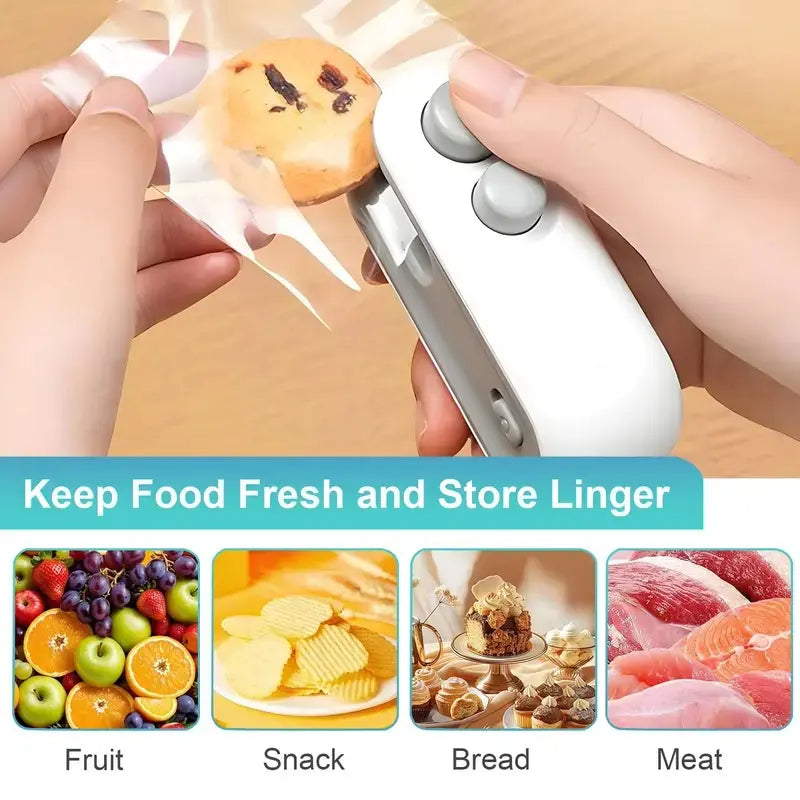 Rechargeable 2-In-1 Bag Sealer & Cutter – Portable Heat Sealer for Snacks, Chips, and Plastic Bags – Keeps Food Fresh – Easy to Use – White – Plastic Bag Sealer – Christmas Gift