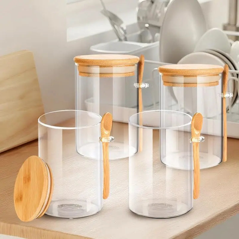 4-Pack 16 Oz Glass Mason Jars with Lid + Spoon Set - Durable Kitchen Preservation Canister Utensils, Reusable Food Container for Storage Organization, Meal Prep Ideas & Fresh Food Keeping