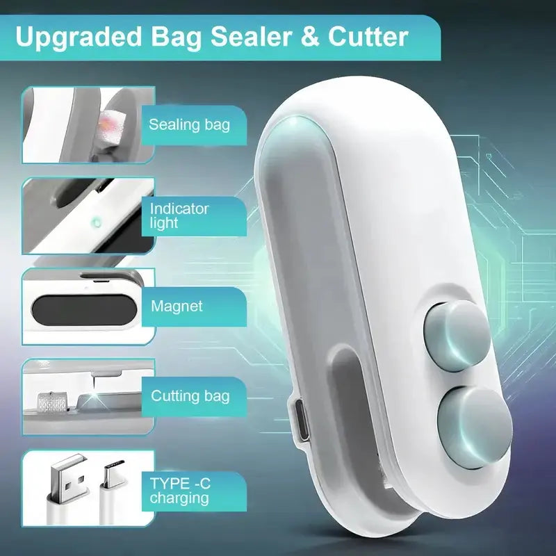 Rechargeable 2-In-1 Bag Sealer & Cutter – Portable Heat Sealer for Snacks, Chips, and Plastic Bags – Keeps Food Fresh – Easy to Use – White – Plastic Bag Sealer – Christmas Gift