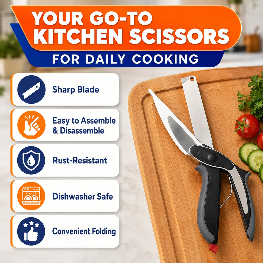 2 in 1 Kitchen Scissors for Food – Stainless Steel Blade & Plastic Cutting Board Scissors with Safety Lock | 9.6" Tomato Knife, Fruit & Vegetable Cutter – Easy-To-Use Kitchen Shears for Meat, Cheese