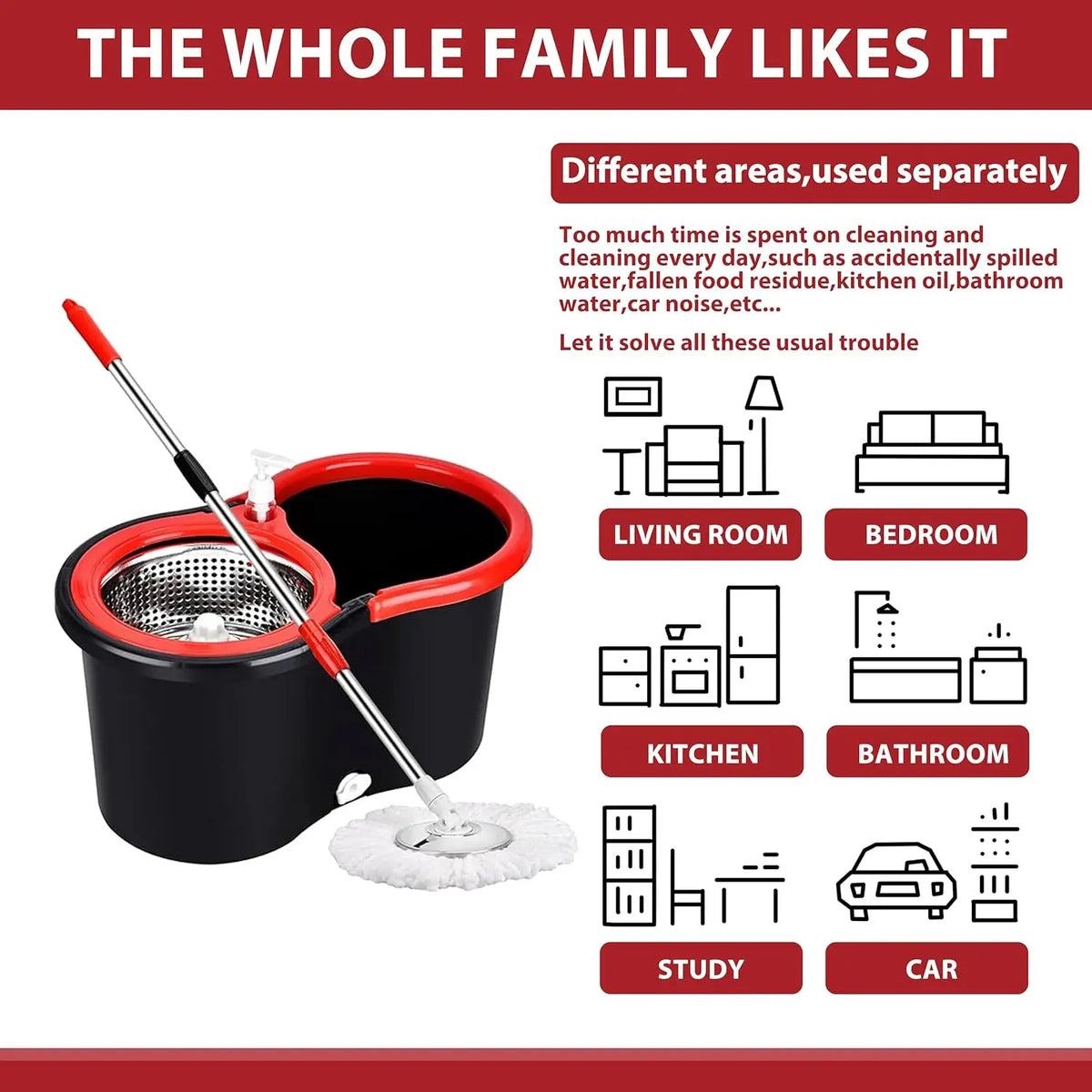Easy Spin Mop and Bucket Set with Handle, Hands-Free Spinning Design, 2 Replacement Microfiber Mop Heads for Effortless Home Cleaning
