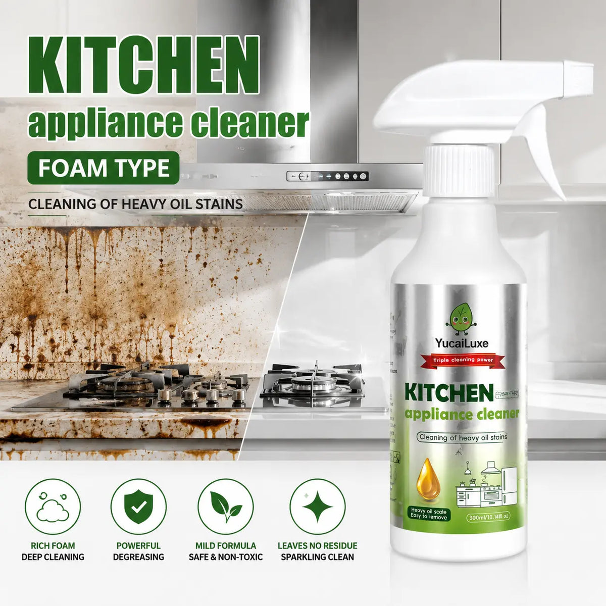 Kitchen Appliance Foam Cleaner, 300Ml Clinging Degreaser for Range Hood, Stove, Oven Exterior & Stainless Steel Surfaces, Yucailuxe