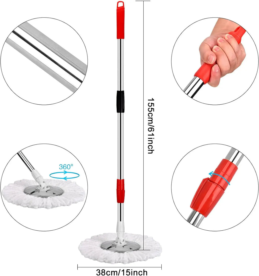 Easy Spin Mop and Bucket Set with Handle, Hands-Free Spinning Design, 2 Replacement Microfiber Mop Heads for Effortless Home Cleaning