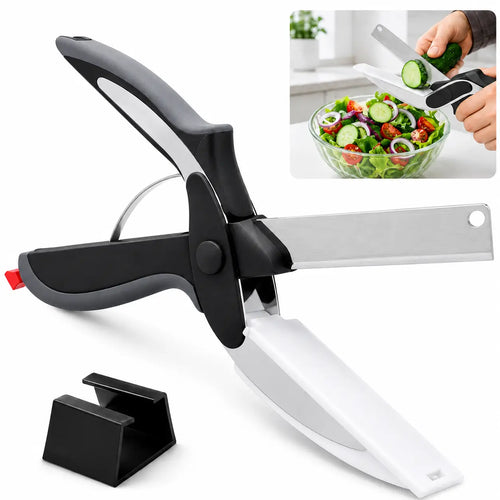 2 in 1 Kitchen Scissors for Food – Stainless Steel Blade & Plastic Cutting Board Scissors with Safety Lock | 9.6" Tomato Knife, Fruit & Vegetable Cutter – Easy-To-Use Kitchen Shears for Meat, Cheese