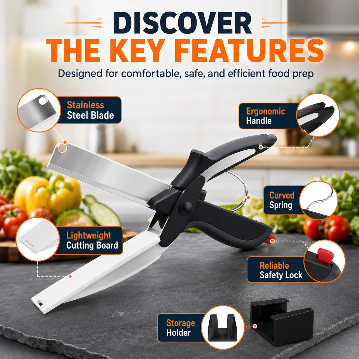 2 in 1 Kitchen Scissors for Food – Stainless Steel Blade & Plastic Cutting Board Scissors with Safety Lock | 9.6" Tomato Knife, Fruit & Vegetable Cutter – Easy-To-Use Kitchen Shears for Meat, Cheese