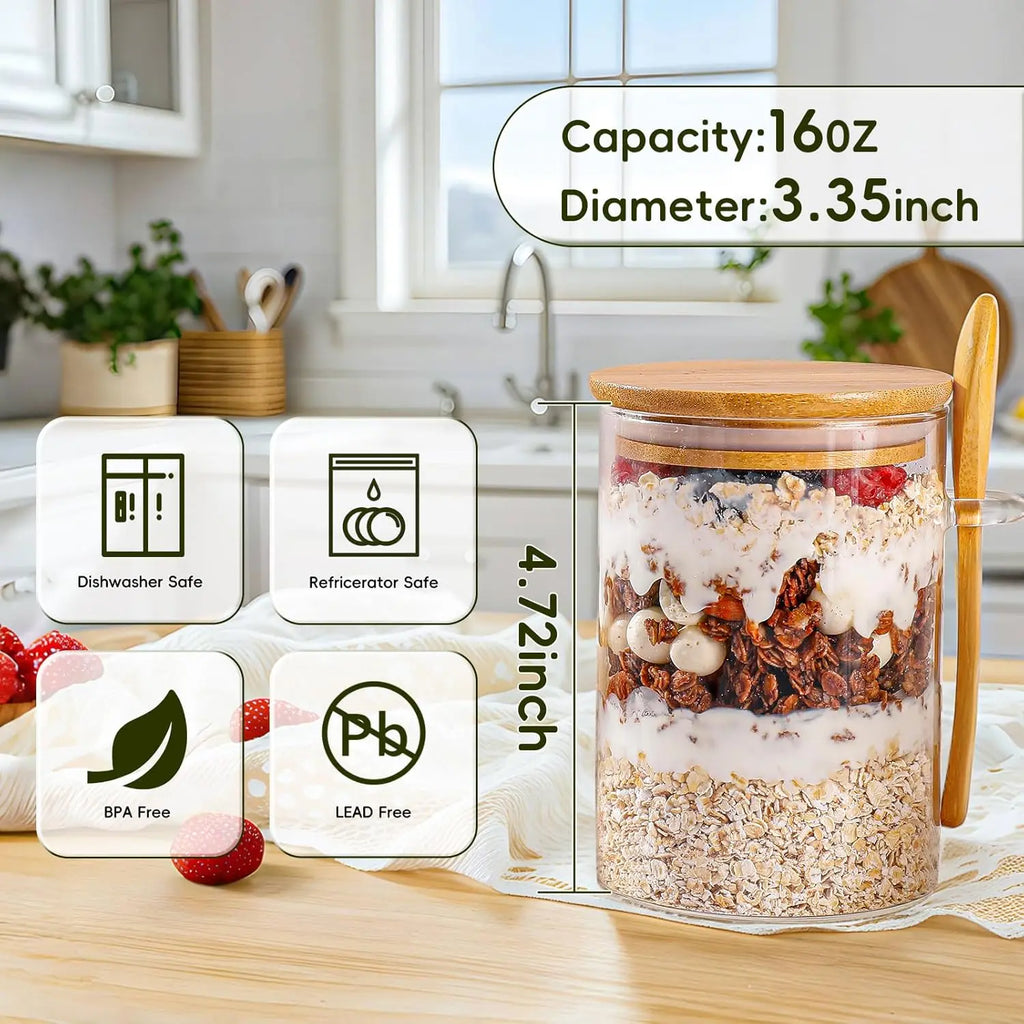 Overnight Oats Containers with Lids,16Oz Overnight Oats Jars 4 Pack, Oatmeal Cups,Meal Prep Containers,Glass Meal Prep Containers with Lids,China Pudding Jars