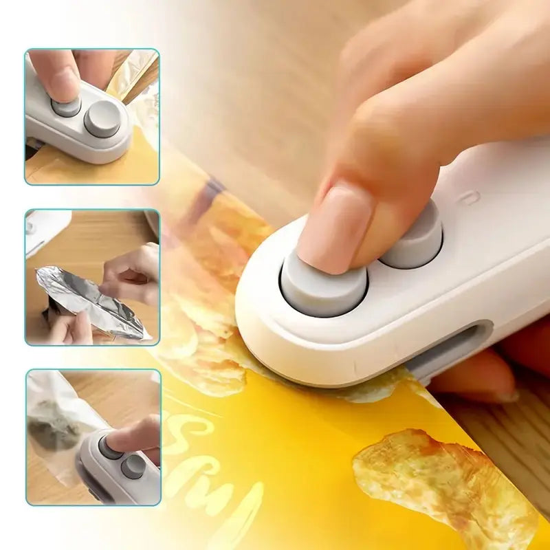 Rechargeable 2-In-1 Bag Sealer & Cutter – Portable Heat Sealer for Snacks, Chips, and Plastic Bags – Keeps Food Fresh – Easy to Use – White – Plastic Bag Sealer – Christmas Gift