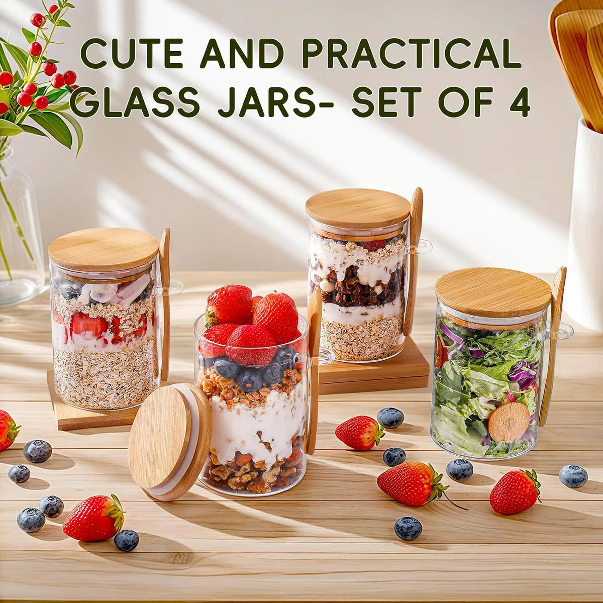 Overnight Oats Containers with Lids,16Oz Overnight Oats Jars 4 Pack, Oatmeal Cups,Meal Prep Containers,Glass Meal Prep Containers with Lids,China Pudding Jars