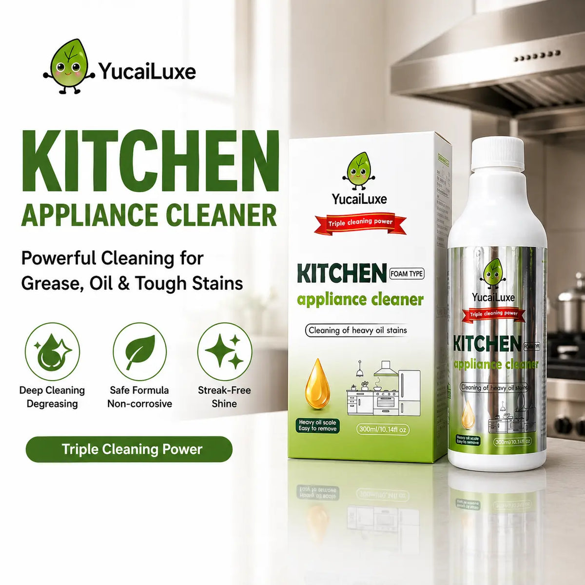 Kitchen Appliance Foam Cleaner, 300Ml Clinging Degreaser for Range Hood, Stove, Oven Exterior & Stainless Steel Surfaces, Yucailuxe