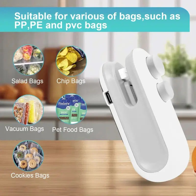 Rechargeable 2-In-1 Bag Sealer & Cutter – Portable Heat Sealer for Snacks, Chips, and Plastic Bags – Keeps Food Fresh – Easy to Use – White – Plastic Bag Sealer – Christmas Gift