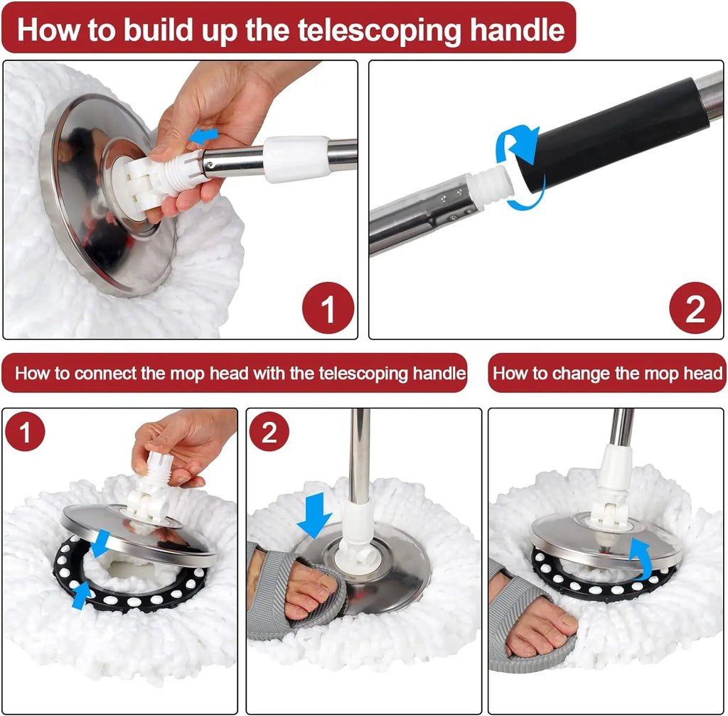 Easy Spin Mop and Bucket Set with Handle, Hands-Free Spinning Design, 2 Replacement Microfiber Mop Heads for Effortless Home Cleaning