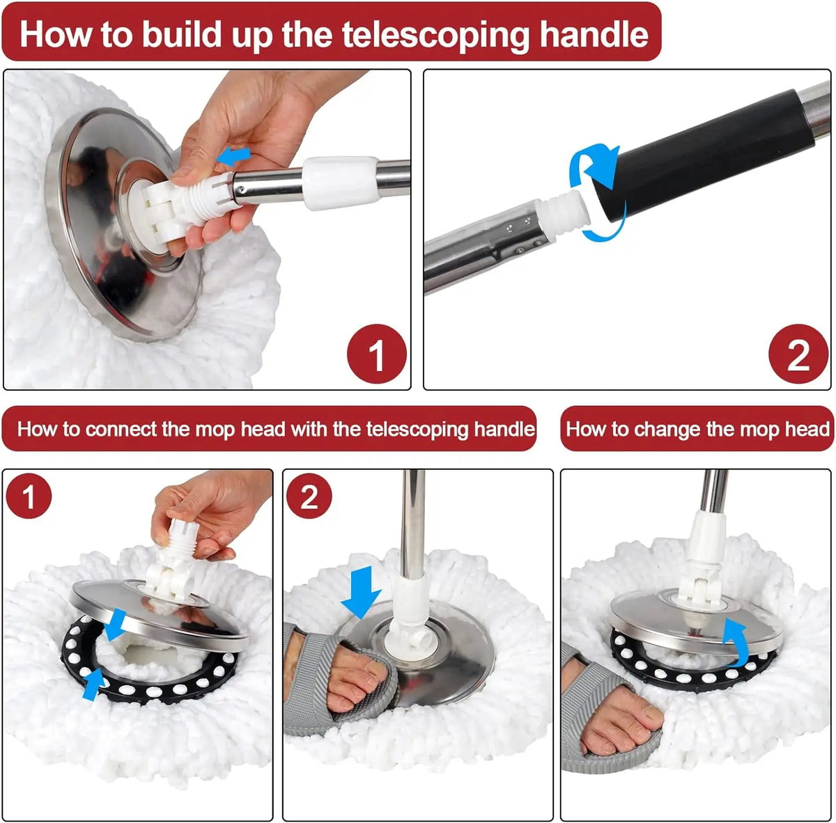 Easy Spin Mop and Bucket Set with Handle, Hands-Free Spinning Design, 2 Replacement Microfiber Mop Heads for Effortless Home Cleaning