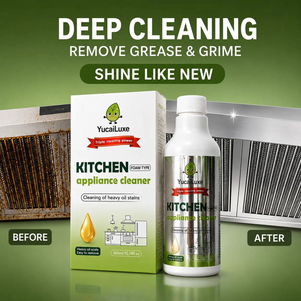 Kitchen Appliance Foam Cleaner, 300Ml Clinging Degreaser for Range Hood, Stove, Oven Exterior & Stainless Steel Surfaces, Yucailuxe
