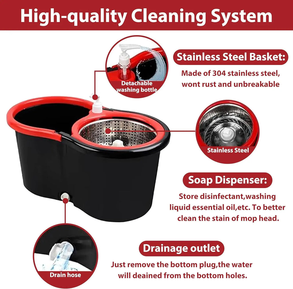 Easy Spin Mop and Bucket Set with Handle, Hands-Free Spinning Design, 2 Replacement Microfiber Mop Heads for Effortless Home Cleaning