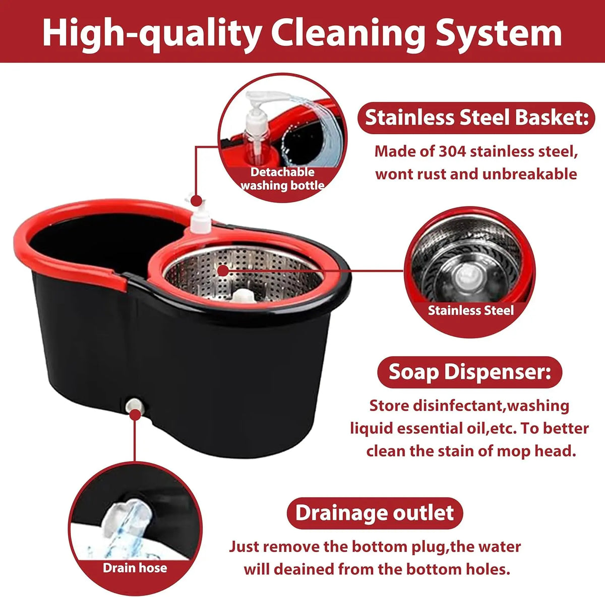 Easy Spin Mop and Bucket Set with Handle, Hands-Free Spinning Design, 2 Replacement Microfiber Mop Heads for Effortless Home Cleaning
