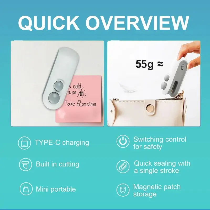Rechargeable 2-In-1 Bag Sealer & Cutter – Portable Heat Sealer for Snacks, Chips, and Plastic Bags – Keeps Food Fresh – Easy to Use – White – Plastic Bag Sealer – Christmas Gift