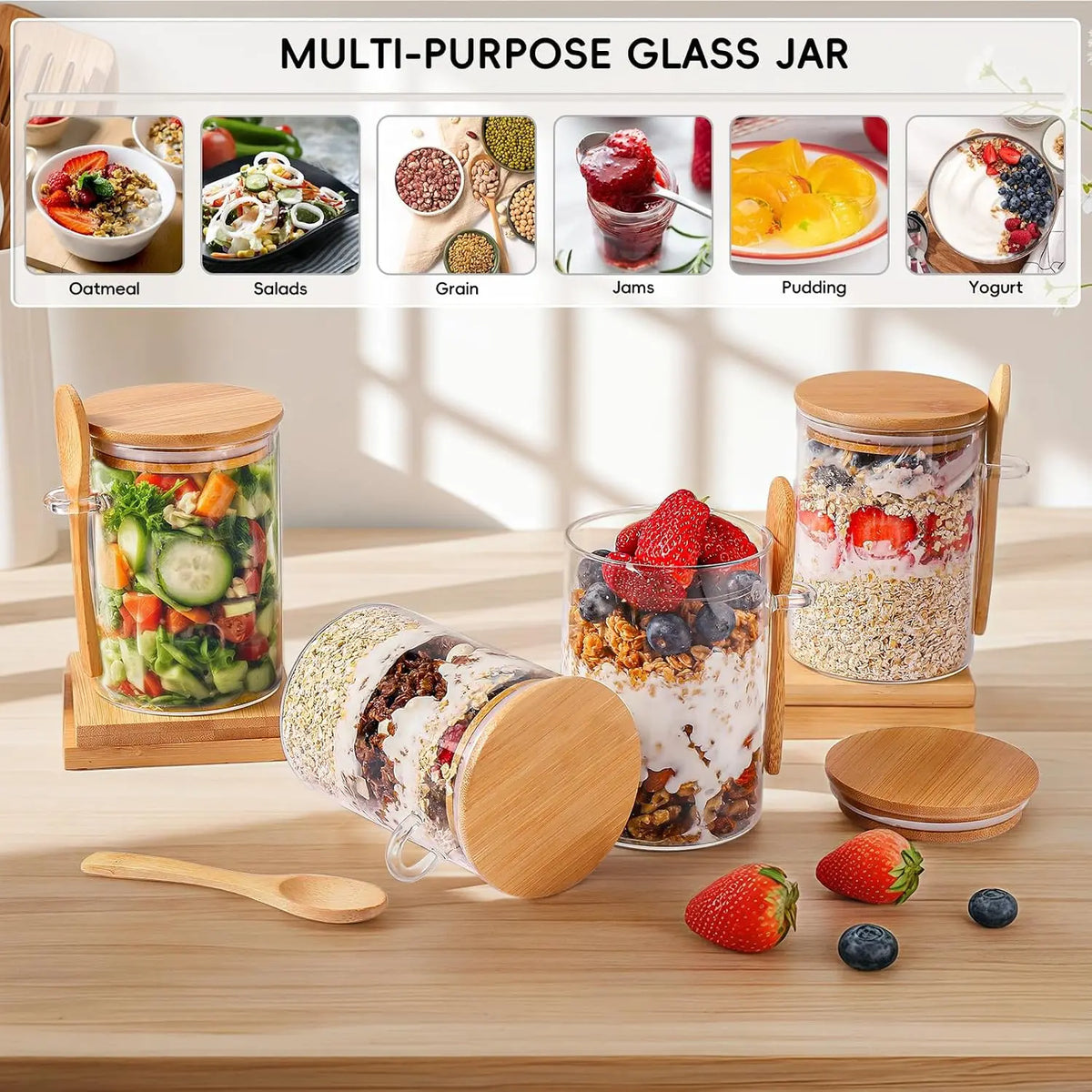Overnight Oats Containers with Lids,16Oz Overnight Oats Jars 4 Pack, Oatmeal Cups,Meal Prep Containers,Glass Meal Prep Containers with Lids,China Pudding Jars