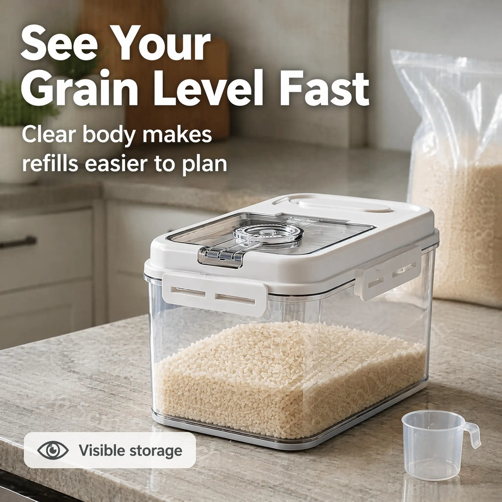 5L Plastic Airtight Rice & Food Storage Container with Transparent Cover - 1-Hand Open/Close Magnetic Flip Lid, Built-In Storage Date Timer, Leakproof Design, Insect-Proof, Moisture-Proof, Measuring Scoop for Kitchen Pantry Single Household,Sohochic