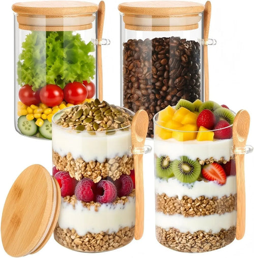 4-Pack 16 Oz Glass Mason Jars with Lid + Spoon Set - Durable Kitchen Preservation Canister Utensils, Reusable Food Container for Storage Organization, Meal Prep Ideas & Fresh Food Keeping