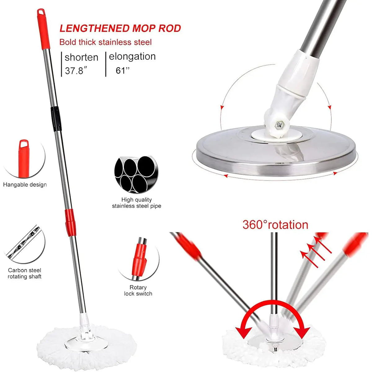 Easy Spin Mop and Bucket Set with Handle, Hands-Free Spinning Design, 2 Replacement Microfiber Mop Heads for Effortless Home Cleaning