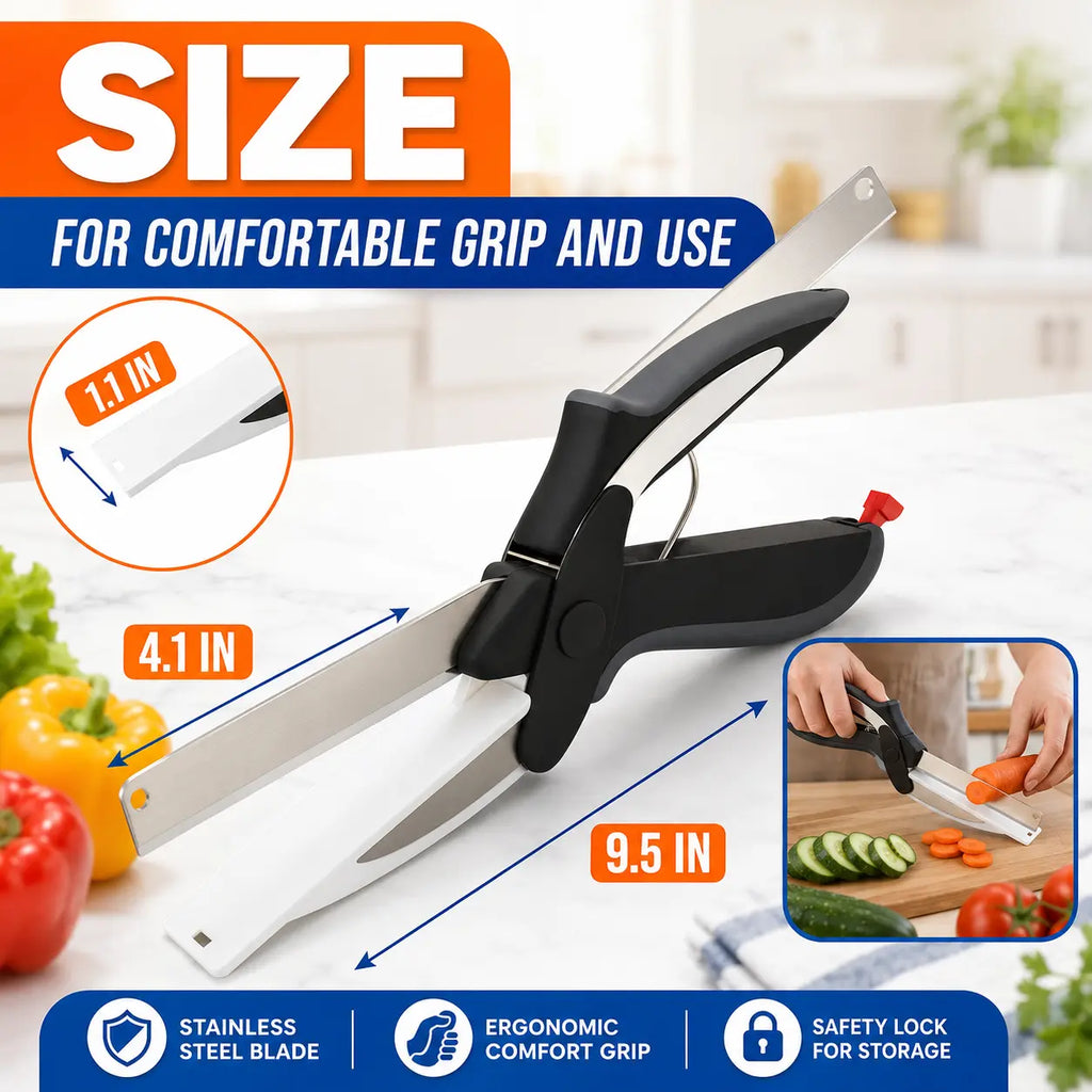 2 in 1 Kitchen Scissors for Food – Stainless Steel Blade & Plastic Cutting Board Scissors with Safety Lock | 9.6" Tomato Knife, Fruit & Vegetable Cutter – Easy-To-Use Kitchen Shears for Meat, Cheese