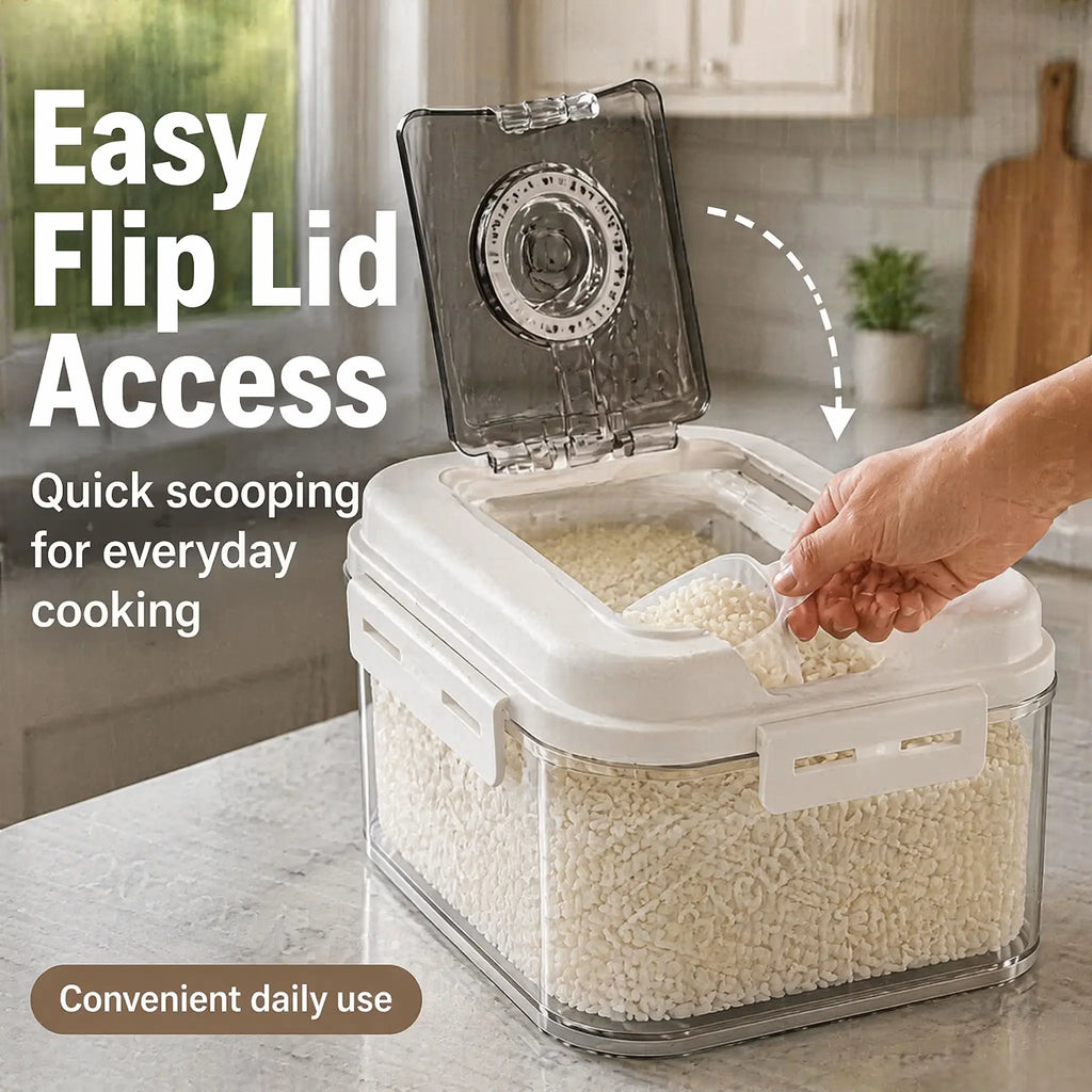 5L Plastic Airtight Rice & Food Storage Container with Transparent Cover - 1-Hand Open/Close Magnetic Flip Lid, Built-In Storage Date Timer, Leakproof Design, Insect-Proof, Moisture-Proof, Measuring Scoop for Kitchen Pantry Single Household,Sohochic