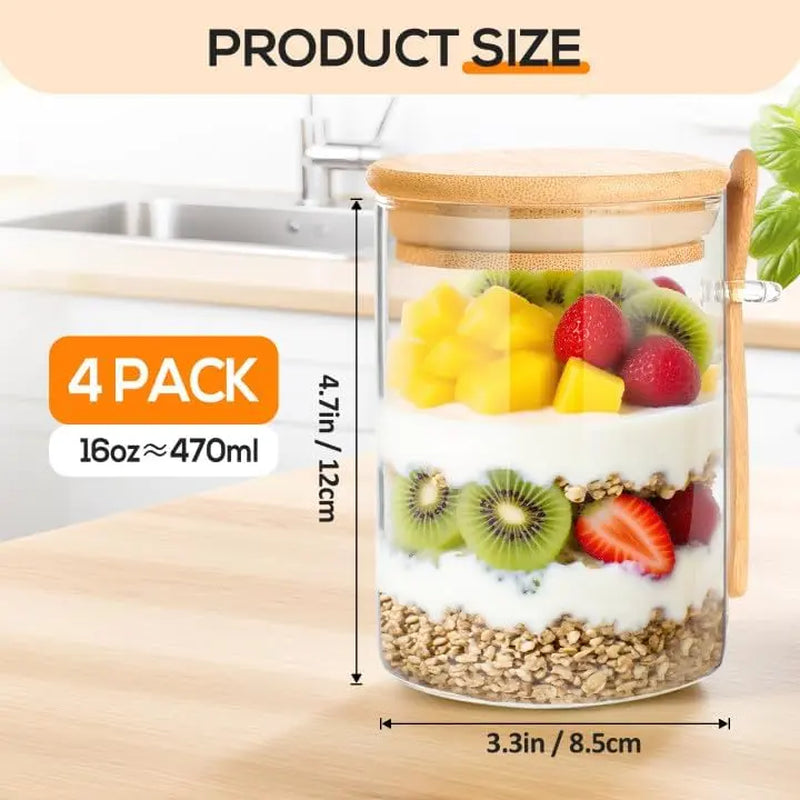 4-Pack 16 Oz Glass Mason Jars with Lid + Spoon Set - Durable Kitchen Preservation Canister Utensils, Reusable Food Container for Storage Organization, Meal Prep Ideas & Fresh Food Keeping