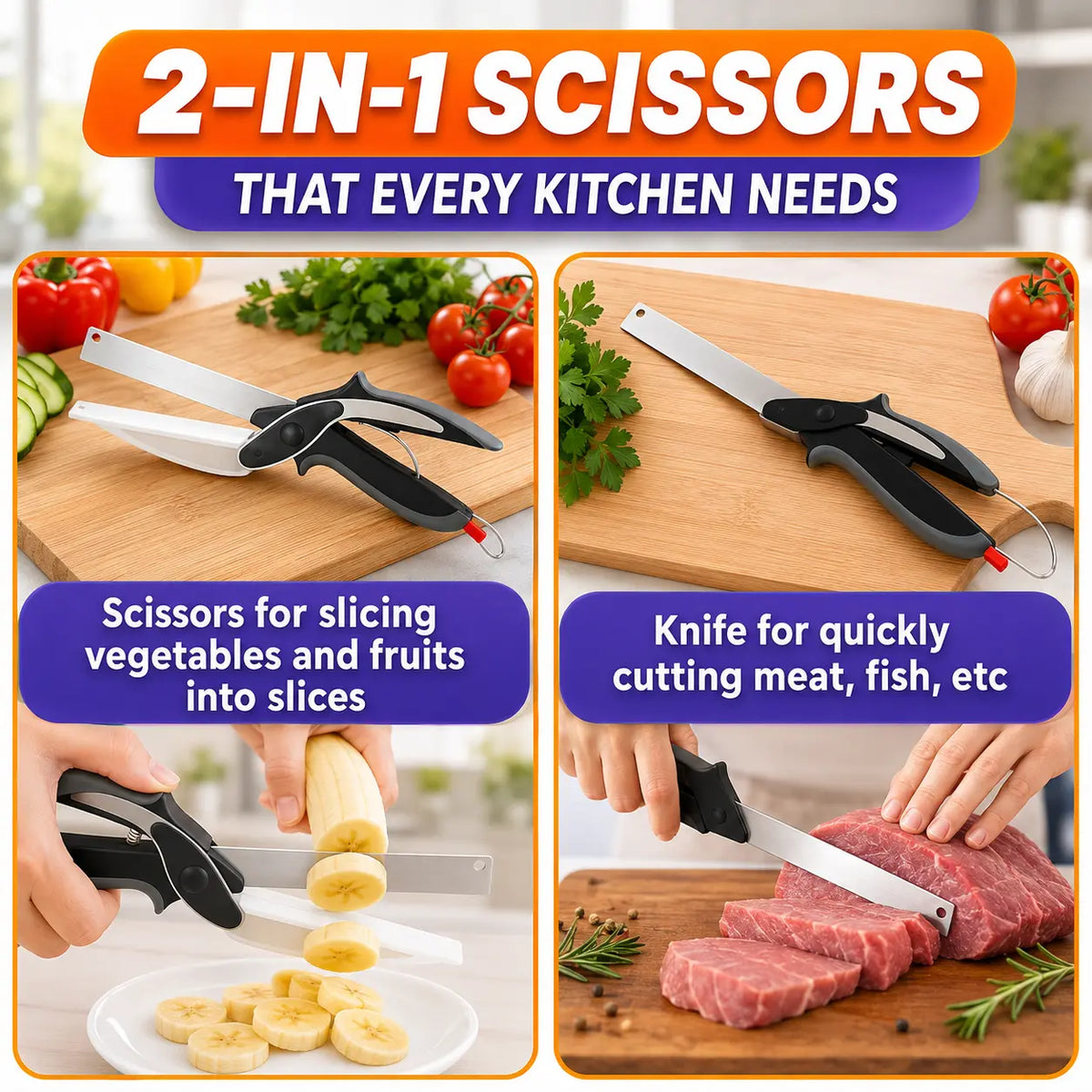2 in 1 Kitchen Scissors for Food – Stainless Steel Blade & Plastic Cutting Board Scissors with Safety Lock | 9.6" Tomato Knife, Fruit & Vegetable Cutter – Easy-To-Use Kitchen Shears for Meat, Cheese